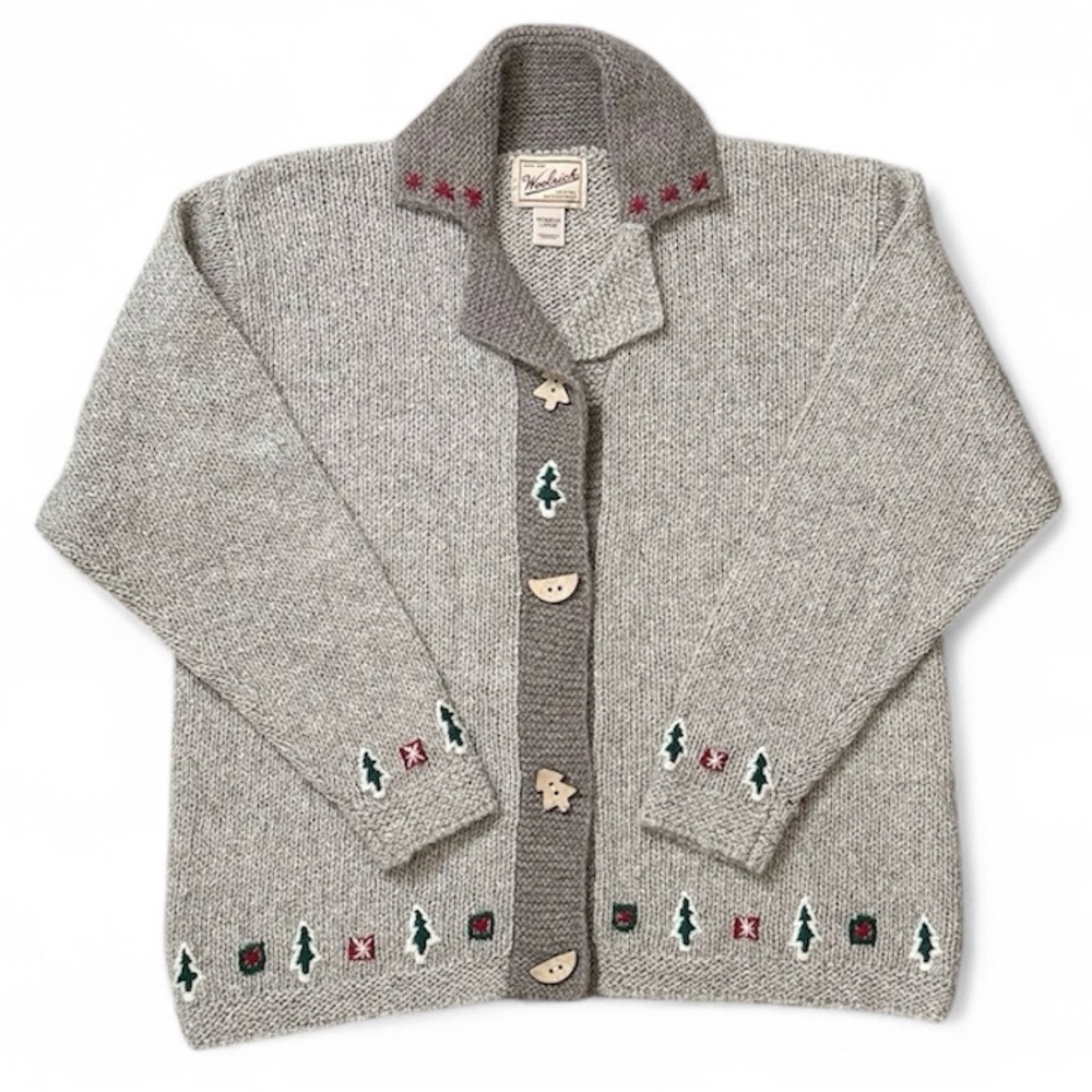 Vintage Woolrich Wool Cardigan Sweater Holiday Christmas Trees Winter L Large